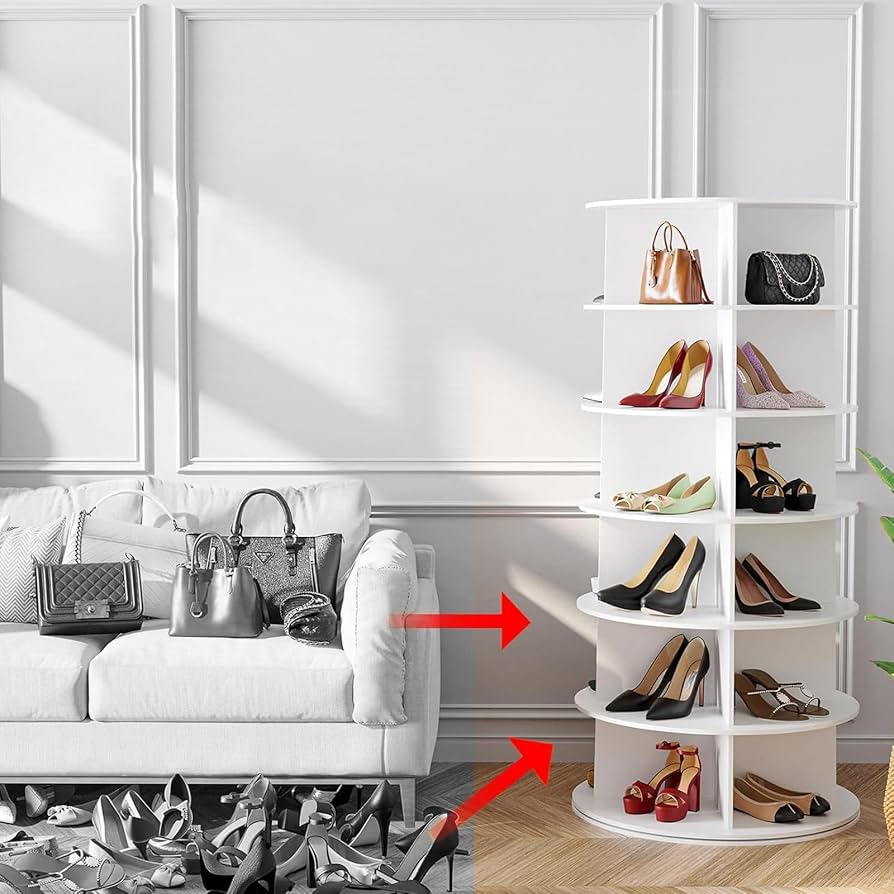 【組立不要】360度回転シューズラック バッグ収納　6段 組立不要】360度回転シューズラック バッグ収納 6段